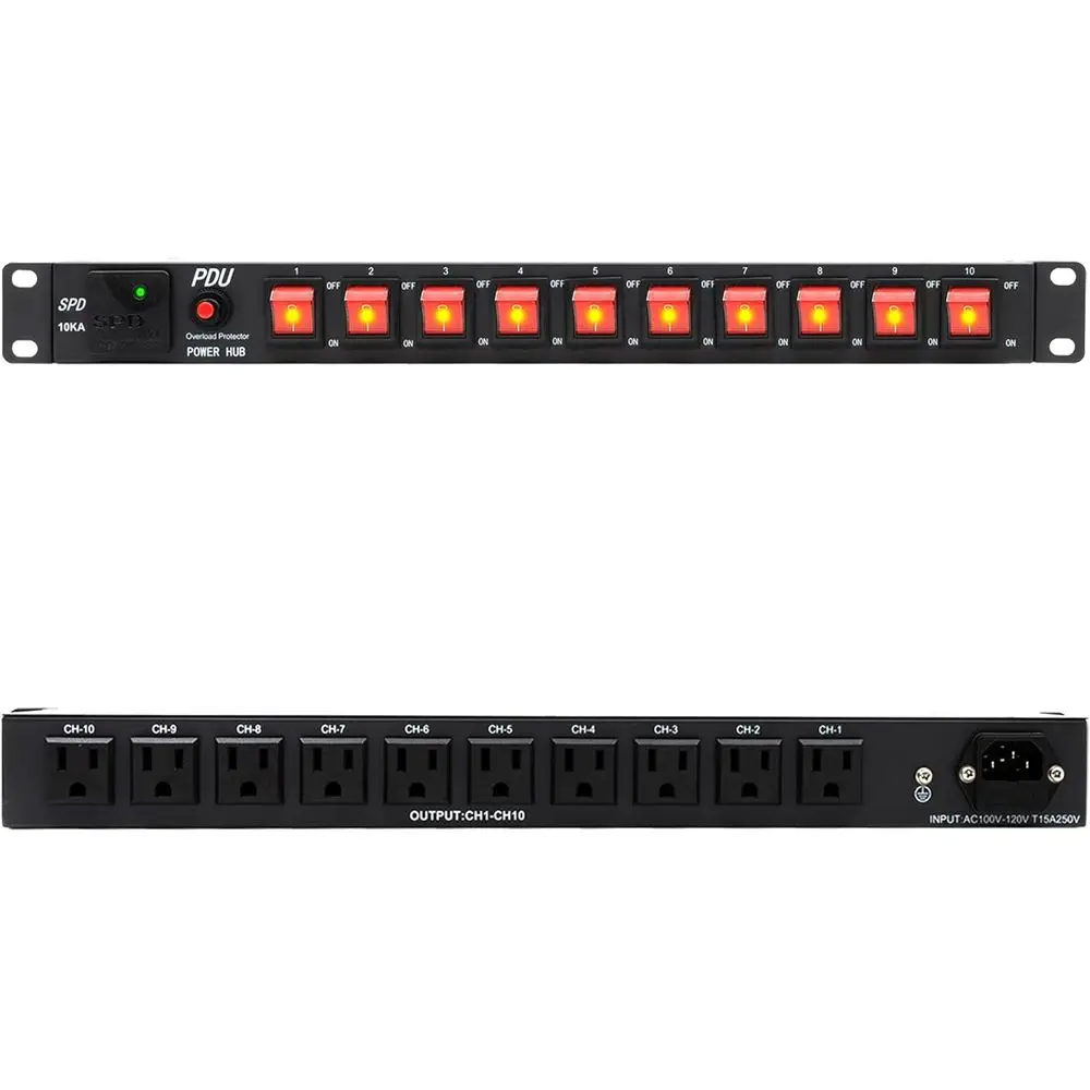 

19 Rack Mount PDU with 10 NEMA 5-15R Outlets, 120V 15A, 3600 Joules Surge Protection, Heavy-Duty 14 AWG Cord