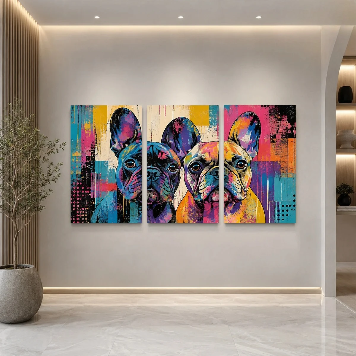 2D Flat 3PCS - Three colorful French bulldog heads in abstract graffiti style on wall Themed Canvas Wall Art, Waterproof Prin
