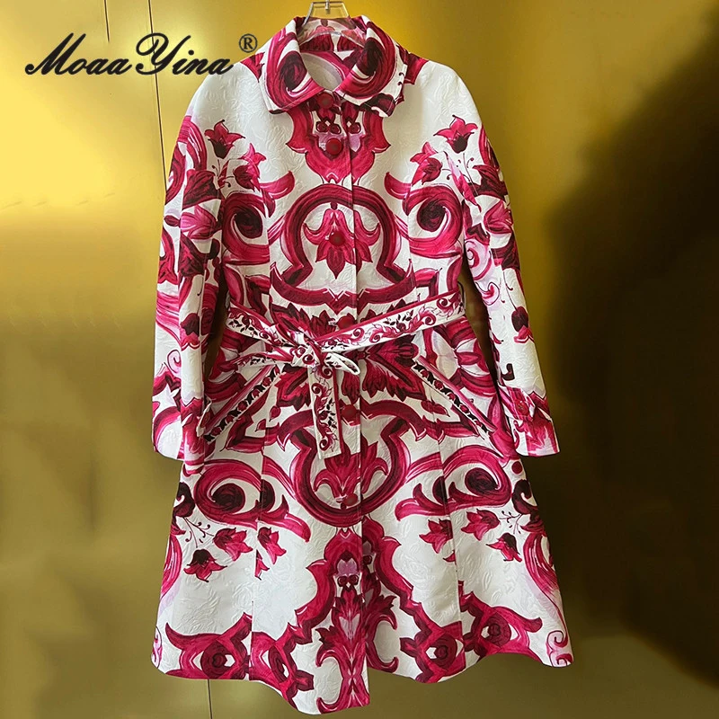 MoaaYina Autumn Fashion Runway Vintage Jacquard Trench Coat Women Lapel Frenulum Slim Long Safflower Porcelain Print Trench Coat