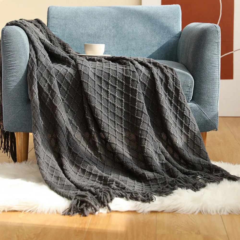 

Nordic sofa cover blanket knitted blanket shawl tassel air conditioning blanket bed tail towel solid color summer cool blankets