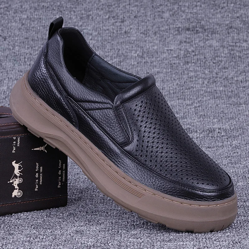 

Men's Summer Breathable Hollow out Slip-On Casual oes Soft Bot Leather Thi Heel Cowhide oes Comfortable All Day Wear