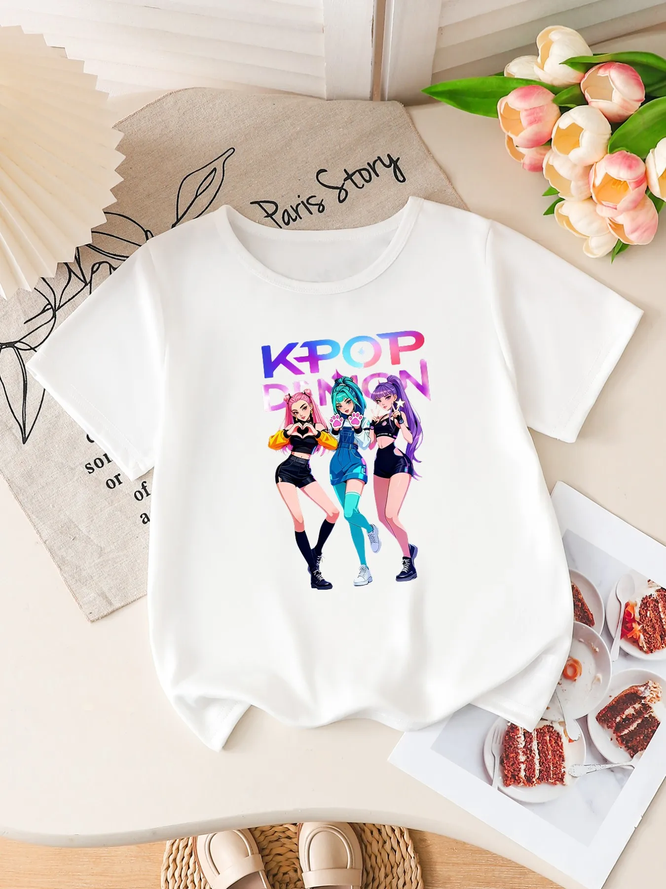 Girls KPOP Print Short Sleeve T-Shirt Cute Cartoon Graphic Tee Kids Summer Casual Top