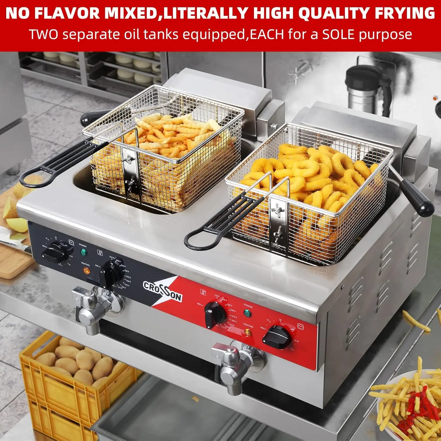 12L Dual Tank Countertop Electric Deep Fryer with Drain,Solid Basket and Lid for Restaurant and Home Use 120V,3600W