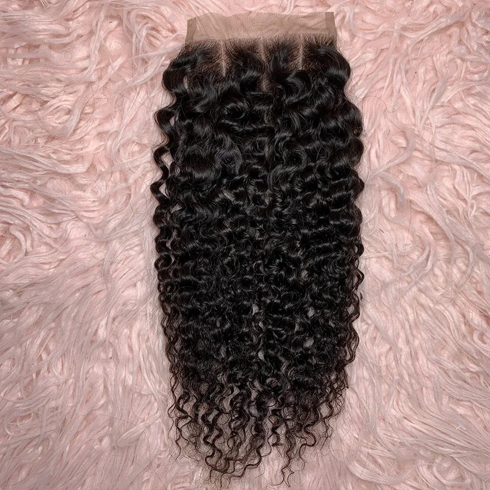 4x4 Lace Front Closure Nature Remy Pixie Curl Human Hair Transparent Lace curly deep wave Closure Only Three Parts