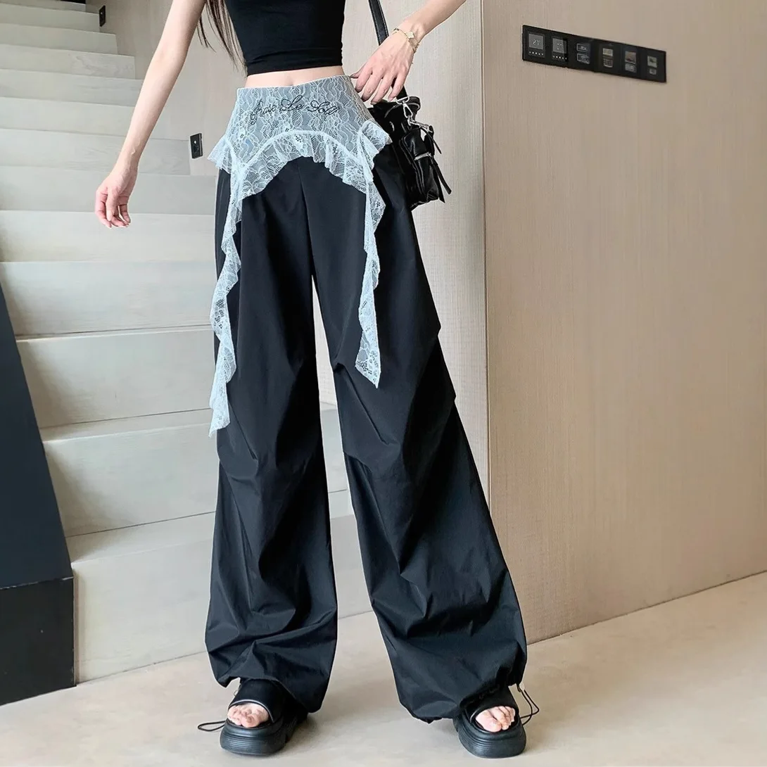 2025 الربيع والصيف الساخن نمط تنوعا الدانتيل الربط فضفاض عطلة عادية قطعتين سوبر الساخن واسعة الساق العمل بنطلون