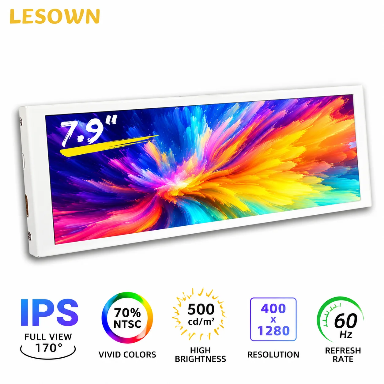 LESOWN 7.9in Aluminium White Secondary Screen Plug and Play 1280x400 HDTV Mac Secondary Monitor 60Hz