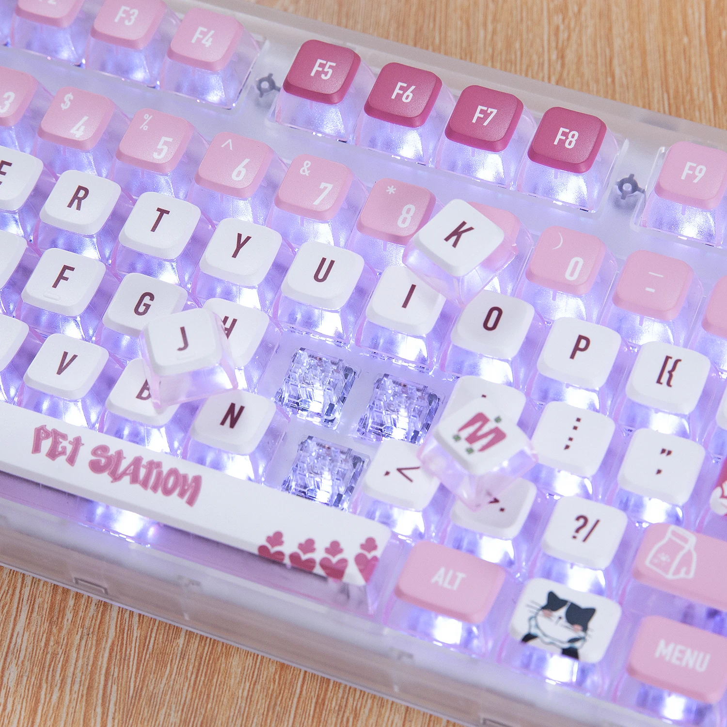 118-keycaps keycaps สีชมพูแมวโปร่งใส PBT sublimation ASA สองผิวนมสีขาวสำหรับแป้นพิมพ์กล DIY สำหรับสาวๆ