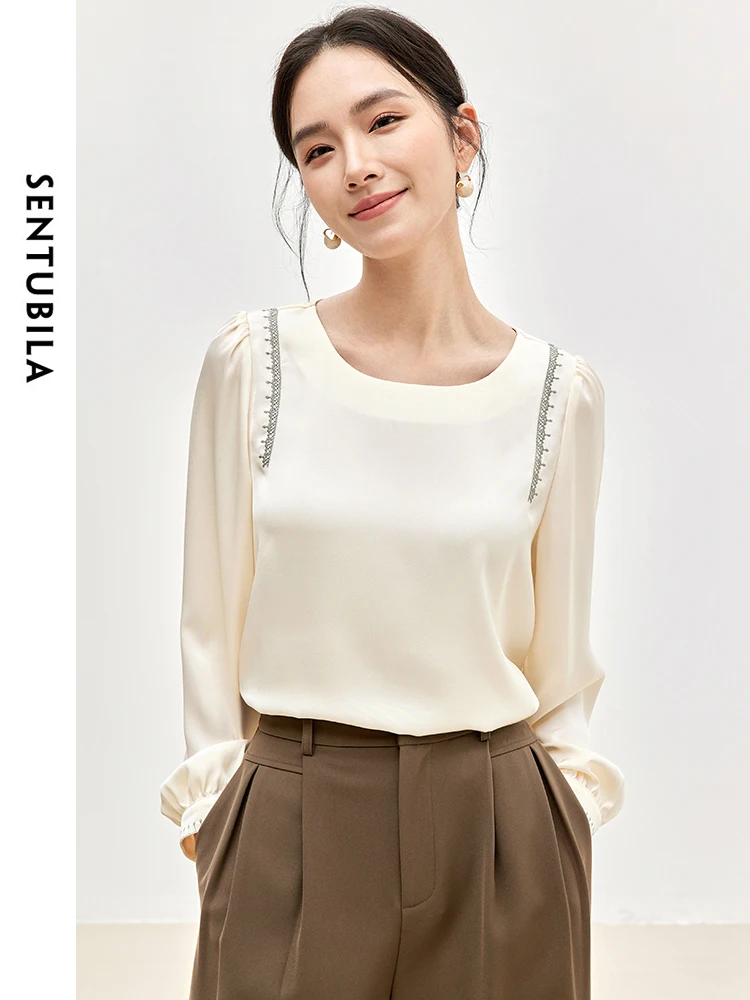 

SENTUBILA Spliced Embroidery Tops For Woman Blouses 2025 Autumn Chiffon Straight Crew Neck Puff Sleeve Casual Shirts 143V56930