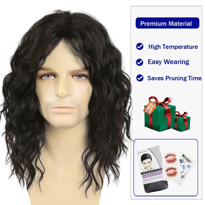 20 Inch Dark Brown Wigs Synthetic Unisex Long Wavy for Men Halloween Costume Cosplay Heavy Metal Rocker Wig Heat Resistant yi;4