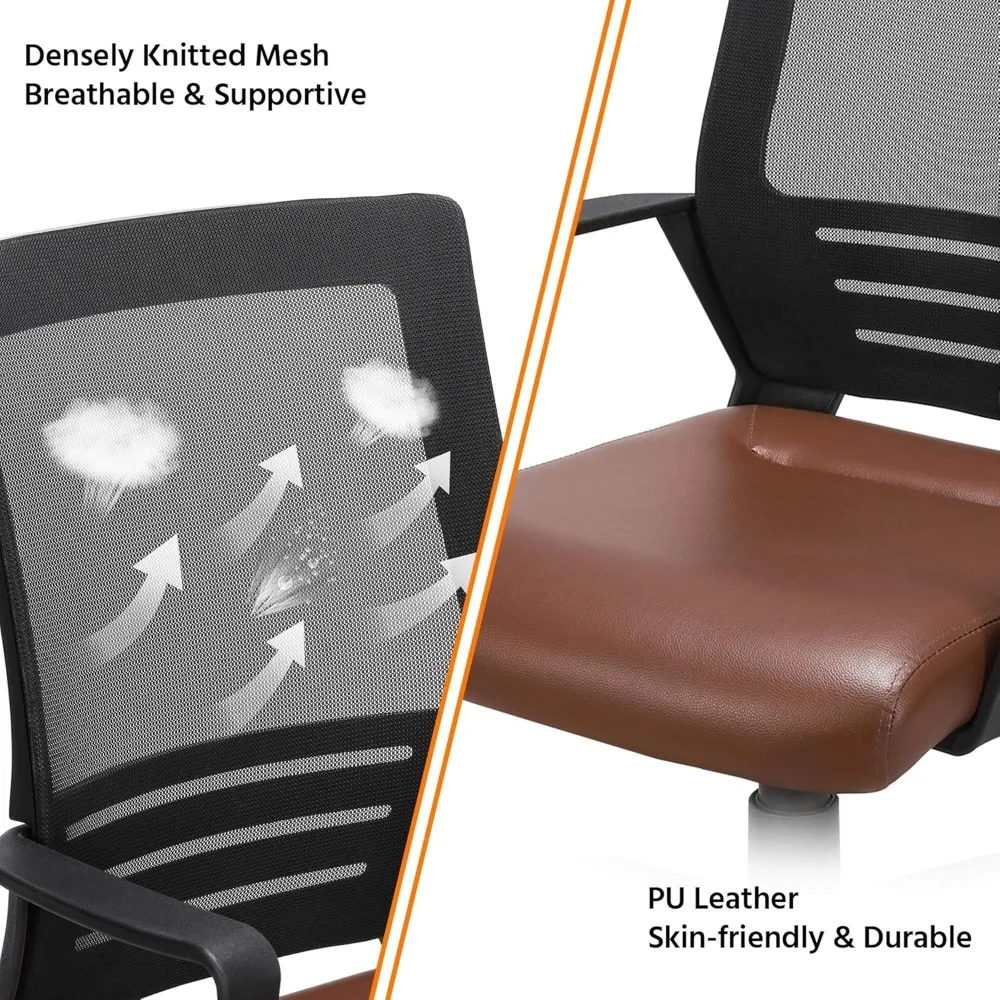 Yaheetech Mid Back Mesh Office Chair with Leather Seat Executive Office Computer Task Chair with Armrests and Lumbar Support, Br
