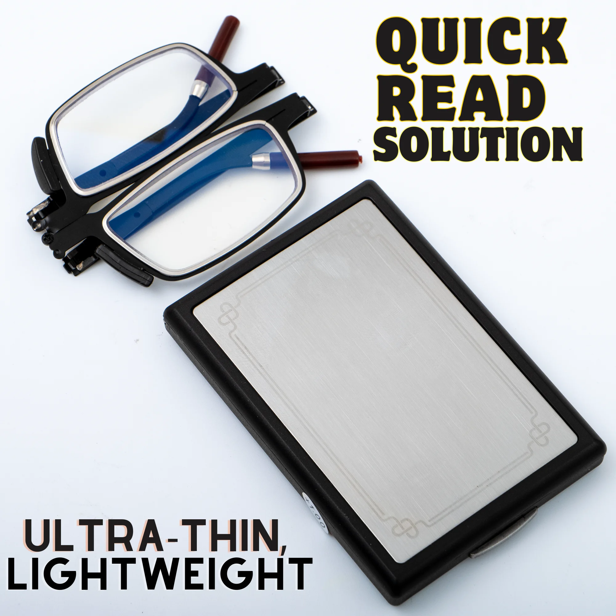 نظارات قراءة محمولة قابلة للطي يمكن ربطها في الجزء الخلفي من الهاتف كحامل هاتف، نظارات قراءة من الفولاذ المقاوم للصدأ بتصميم بسيط، +100 إلى +400، للجنسين