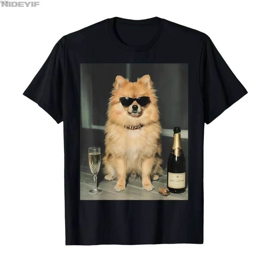 Pomeranian Drinking Champagne Funny Dog Meme Art Vintage T-shirt For Men Women  T Shirts Short Sleeve Tops P948
