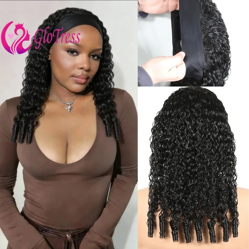 

Headband Burmese Curly Natural Color Human Hair Full Machine Wig with Spiral Curly End18-24Inch250%Density Brazilian Virgin Remy