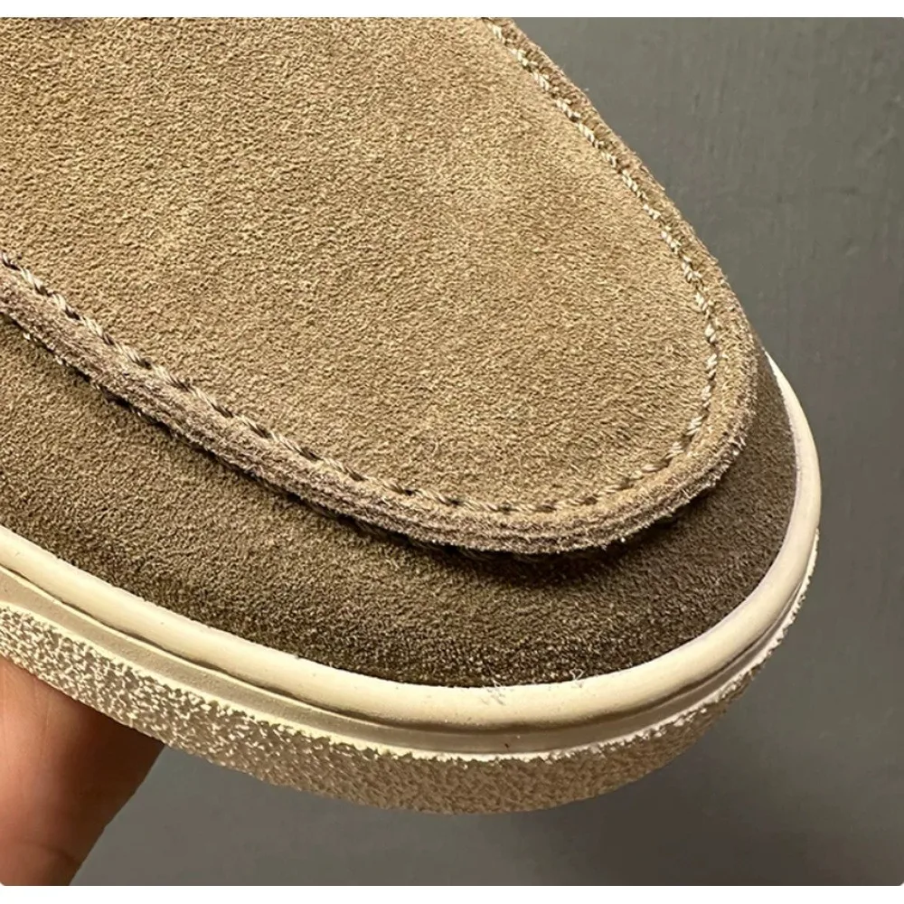 Men's Taupe Suede Tassel Slip-On Loafers, White Thick Platform Sole Casual Shoes, Soft Moccasin Footwear for Urban Daily Wear
