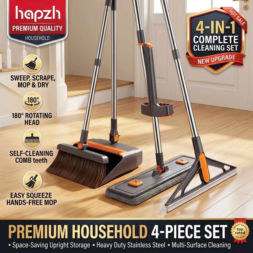 3-in-1 Broom Mop & Dustpan Set Self-Wringing Hands-Free Flat Mop Broom Combo Multifunctional Home Kitchen Floor Cleaning Kit