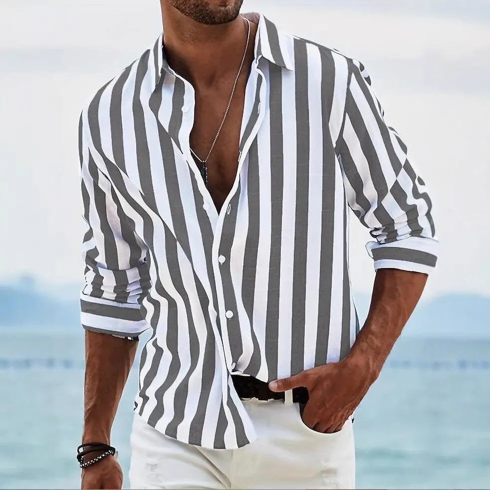 

Autumn and Winter Men's Button Up Long Sleeved Lapel Shirt Striped Fashion Item Men's Long Sleeved Top T-shirt