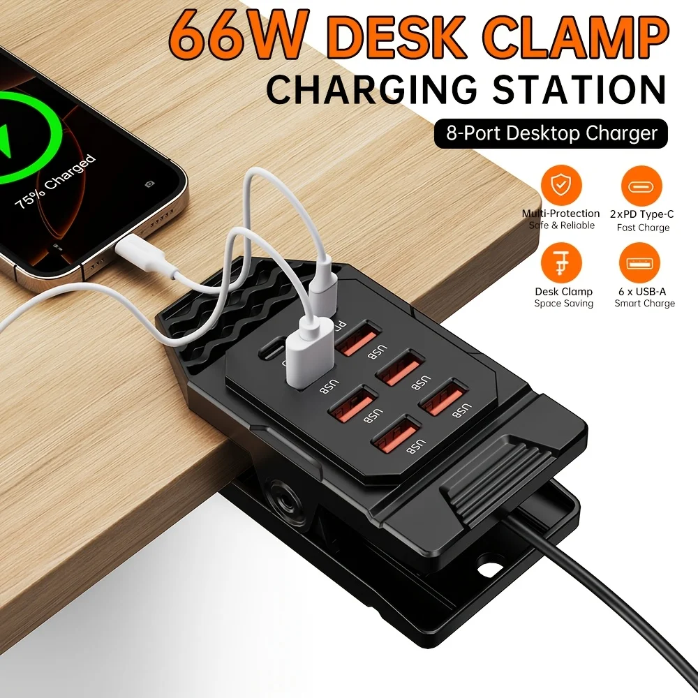 Supports Type-C Multi-port/multi-output Sockets for Fast Charging. Designed for One-handed Desktop Clamping, Plug-and-play USB