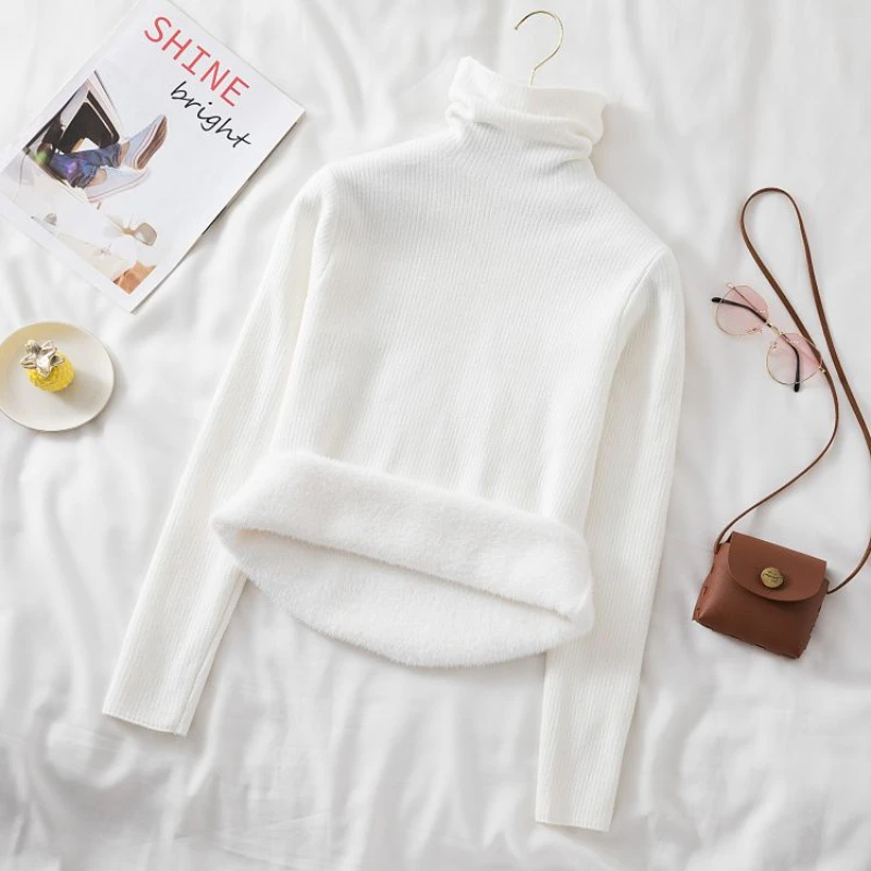 2023 Winter Plus Thick Velvet knit Sweater Bottoming shirt Velvet lining Warm Pullover Sweater female Fashion Thick Sweater image 5