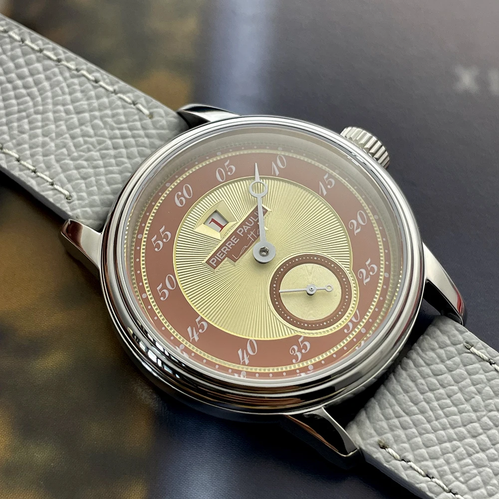 Sapphire Crystal NEW Pierre Paulin Jumping Hour Men Watch Salmon Dial Automatic St17 Mechanical Watch Vintage Date Window