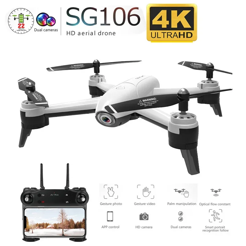 Drone sg106 wifi 4k com fluxo óptico, 1080p hd câmera dupla, rc quadcopter aeronaves, quadrocopter brinquedo