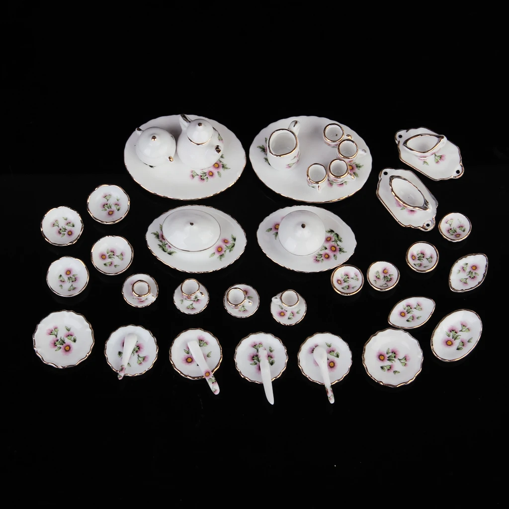 1:12 Dollhouse Daisy Floral Porcelain Dining Ware Tea Set Dish Cup 50pcs