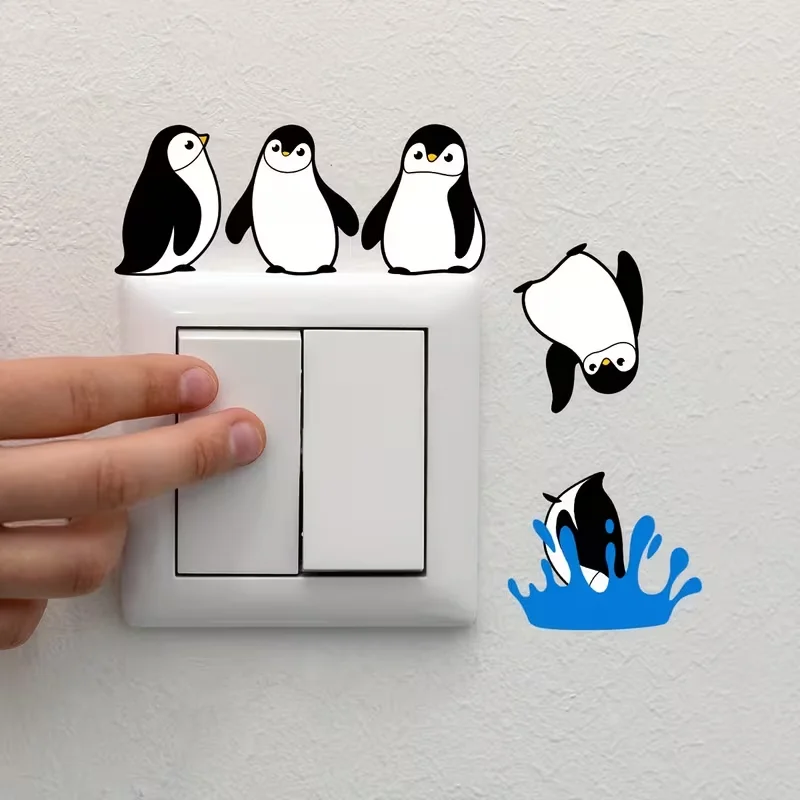 1 cute and funny 5 penguin diving switch stickers, self-adhesive wall stickers for living room and bedroom background decoration