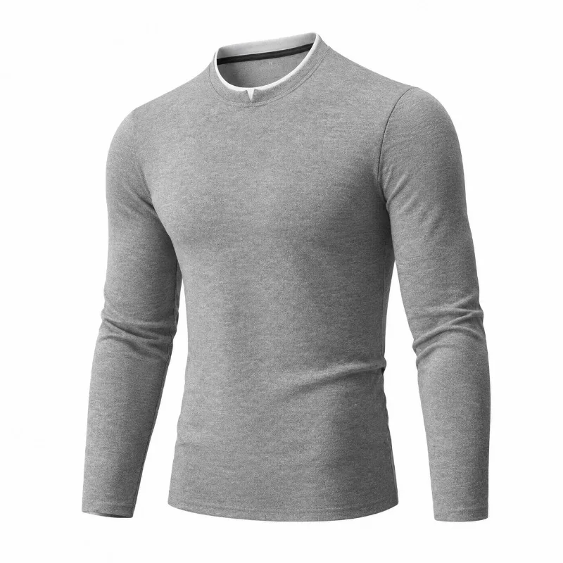 Men Fake Two Piece Long Sleeve T Shirt Crew Neck Solid Color Casual Versatile Base Top