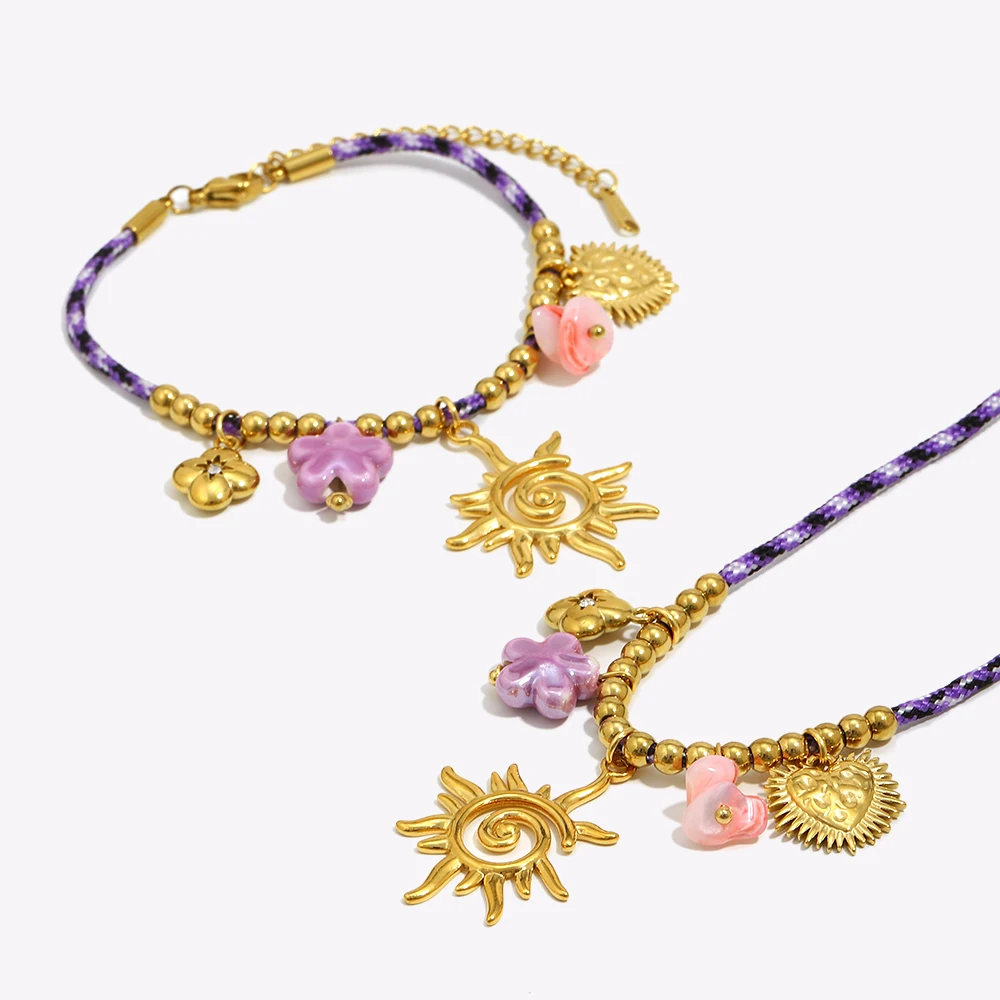 E.B.belle Rope Chain Jewelry Set Hollowed Sun Pendant Charm Purple Flower Necklace Bracelet Cute Statement Daily's Jewelry