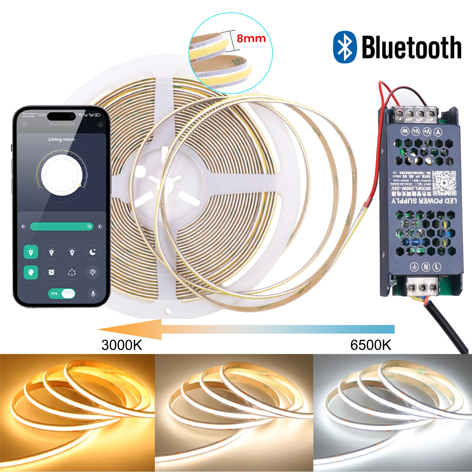 DC24V Bluetooth Dimmen Netzteil CCT Dimmbare COB LED Streifen Lichter Kit 576 leds/m RA90 APP Steuerung Flexible Band zimmer Dekor