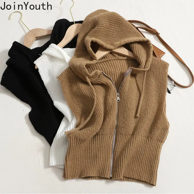 Fashion Crop Tops Knit Sweater Vest Women Zipper Hooded Sleeveless Cardigan Waistcoat Y2k Clothes Korean Casual Tanks Jackets