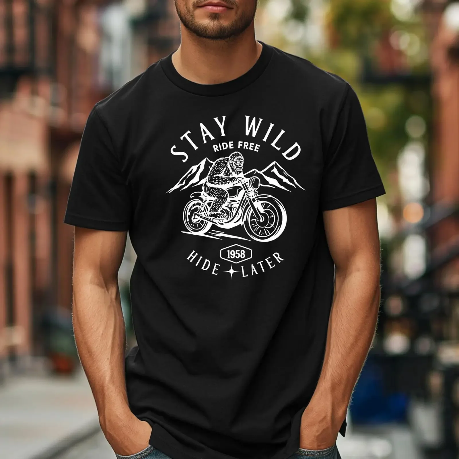 Bigfoot Motorcycle PNG Stay Wild Ride Free Cryptid Digital Download vintage Washed Comfortable homme Casual Soft Breathable
