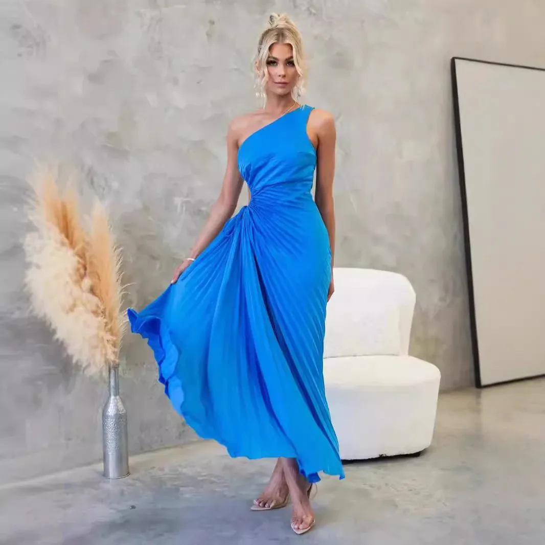 Solid Color Off-Shoulder Crinkle Maxi Dress Asymmetrical High-Waist One-Side Slit Evening A-Line Dress