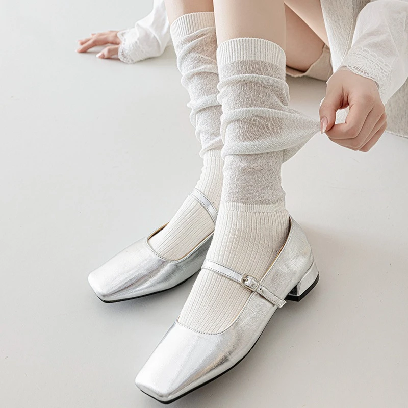 

JK Girls Knee Socks Stockings Women Hollow Out Thin Breathable Women Stockings Solid Color Black White Gray Long Socks Stockings