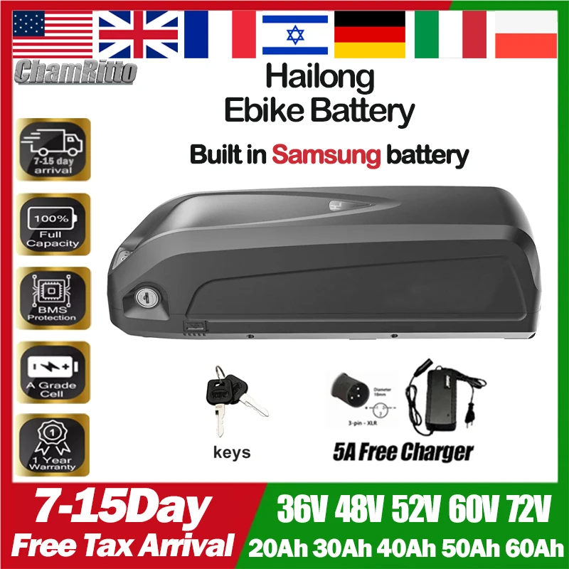 

Аккумулятор для электровелосипеда Hailong 48В 52В, 36В 20Ач 30Ач 50Ач, 60В 72В 40Ач, литиевая батарея 1000Вт 2000Вт