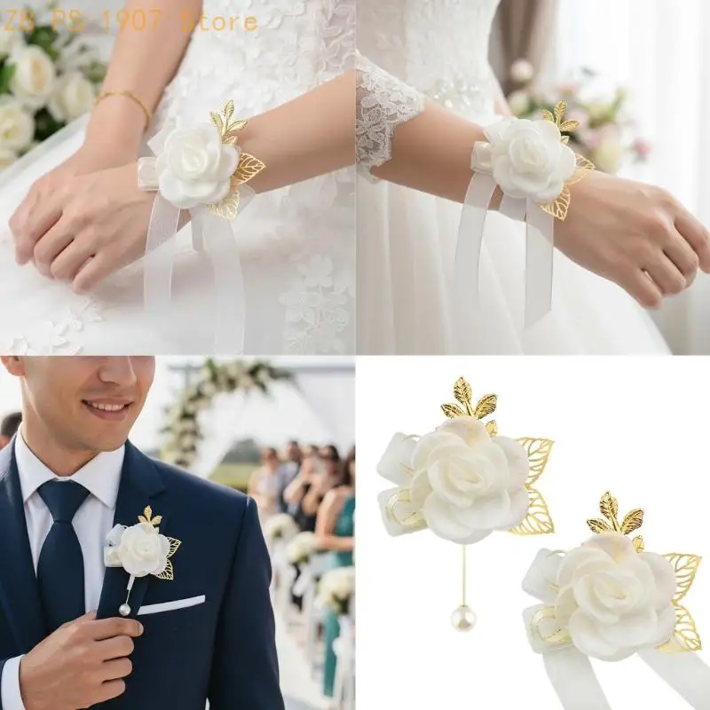 Элегантный тканевый комплект свадебных запястий с цветочным принтом на груди, набор булавок с цветами для свадебной церемонии, и