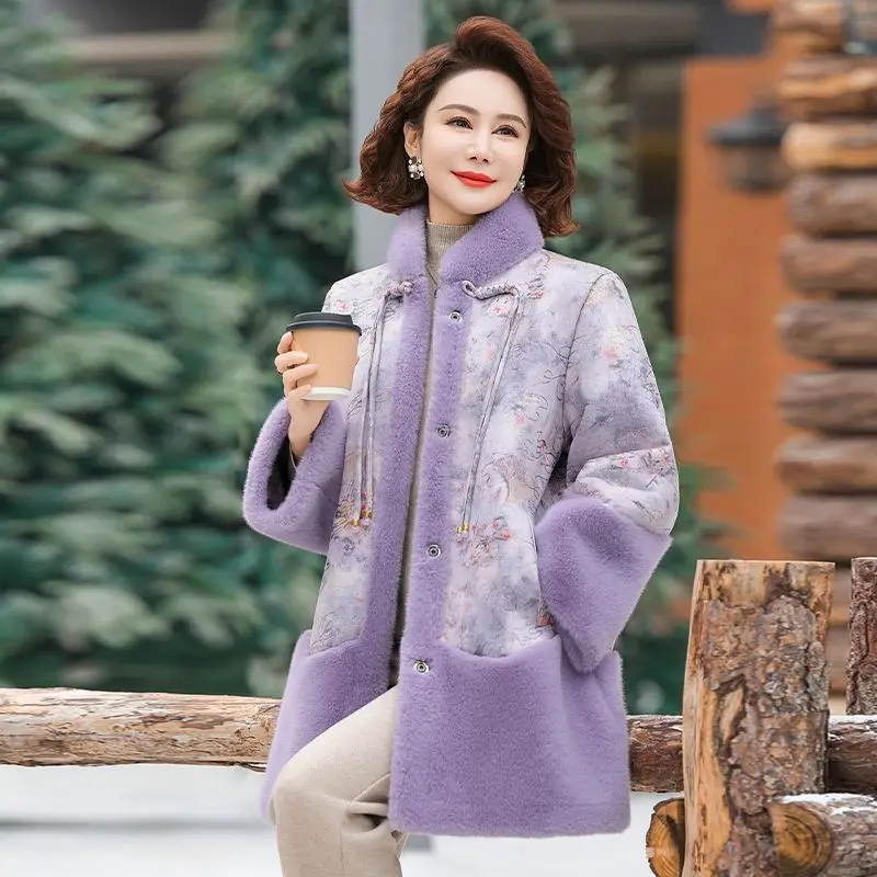 

Высококачественная зимняя куртка из искусственного меха норки для женщин среднего и старшего возраста, утепленная, в национальном стиле, цельная шуба