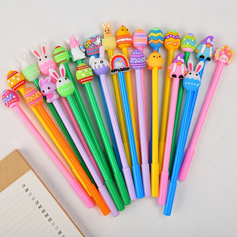 

Набор из 12/26 гелевых ручек с черными чернилами в форме кроличьего яйца, случайный ассортимент дизайнов, с креативными силиконовыми насадками в виде мультяшных кроликов, милые пасхальные ручки-кролики для ведения дневника, высококачественные.