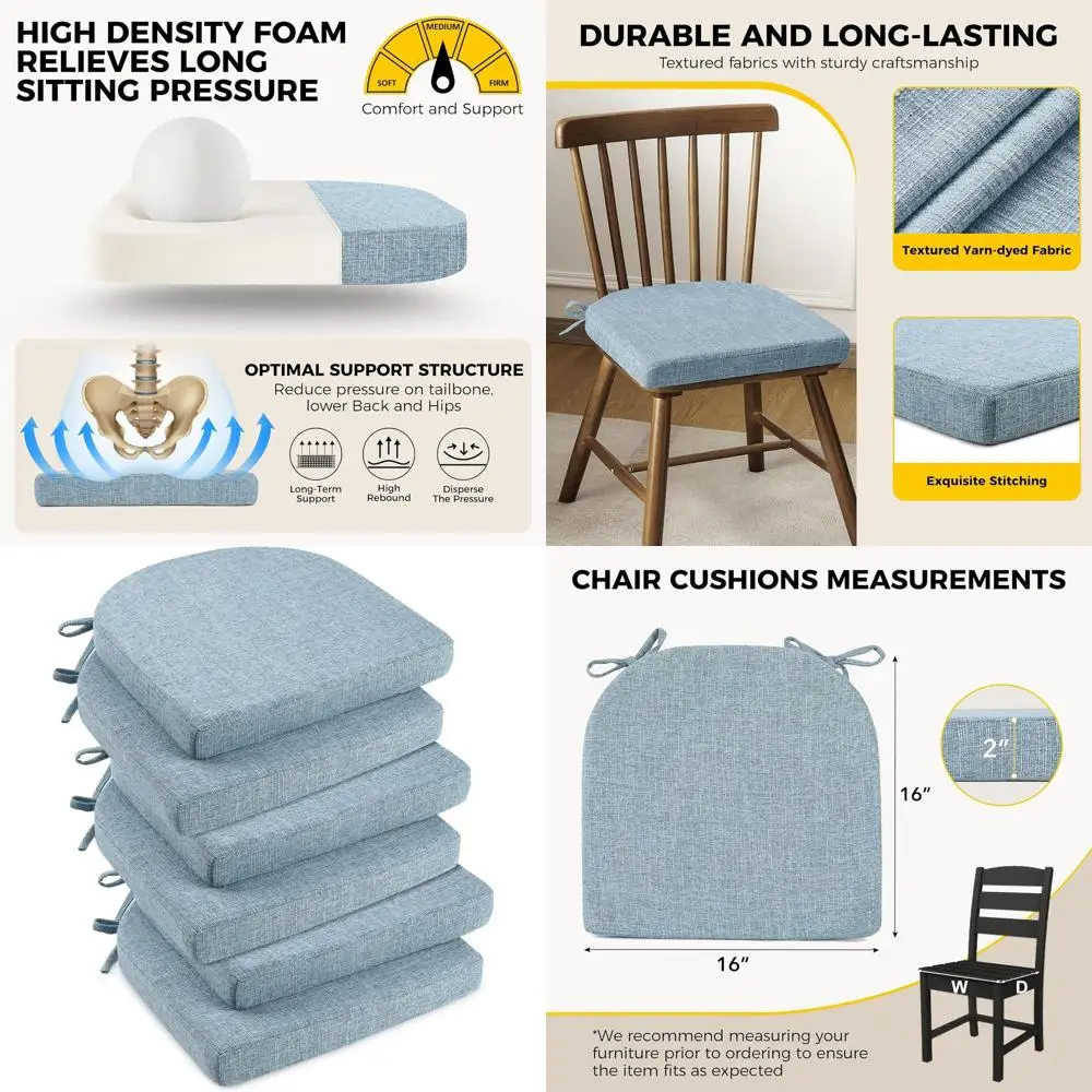 

Light Blue 16x16x2 Soft Foam Dining Chair Cushions with Ties & Non-Slip Backing, 6-Pack