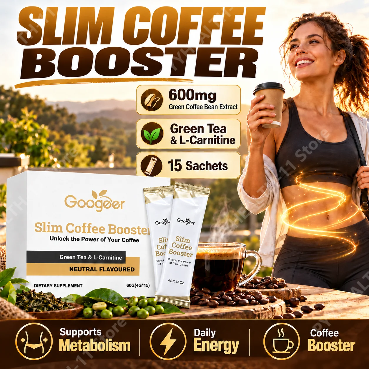 Slim Green Coffee Bean Extract Powder Supplement for Metabolism & Energy Support, 600mg Green Tea, L-Carnitine 15 Sachets