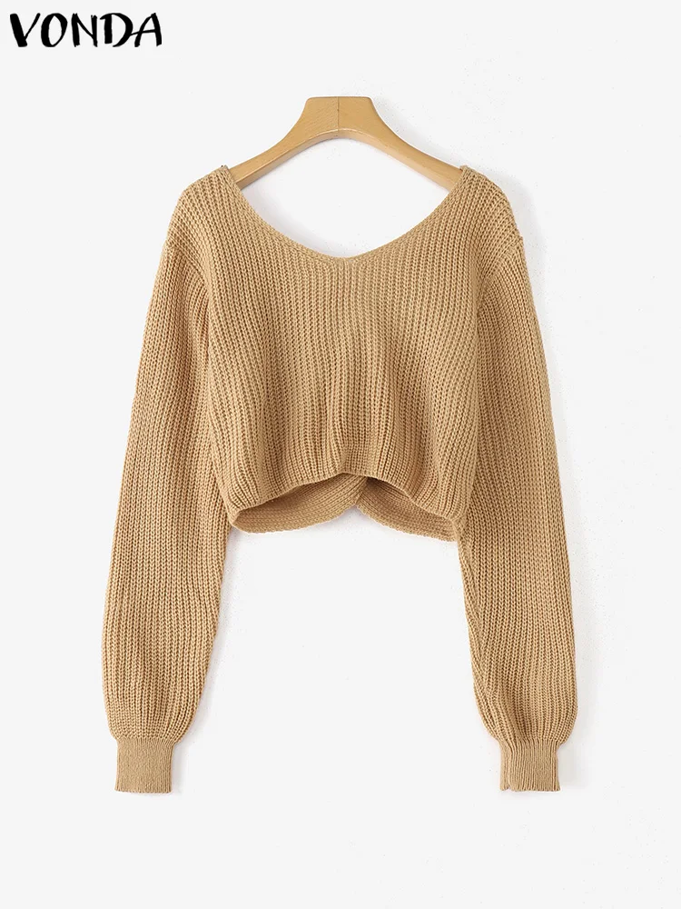 Eleganckie swetry VONDA, kolekcja jesień 2025, seksowne swetry damskie z dekoltem w serek, modne swetry z jednolitego materiału, z efektem skręcania, z długim rękawem, krótkie swetry dzianinowe.
