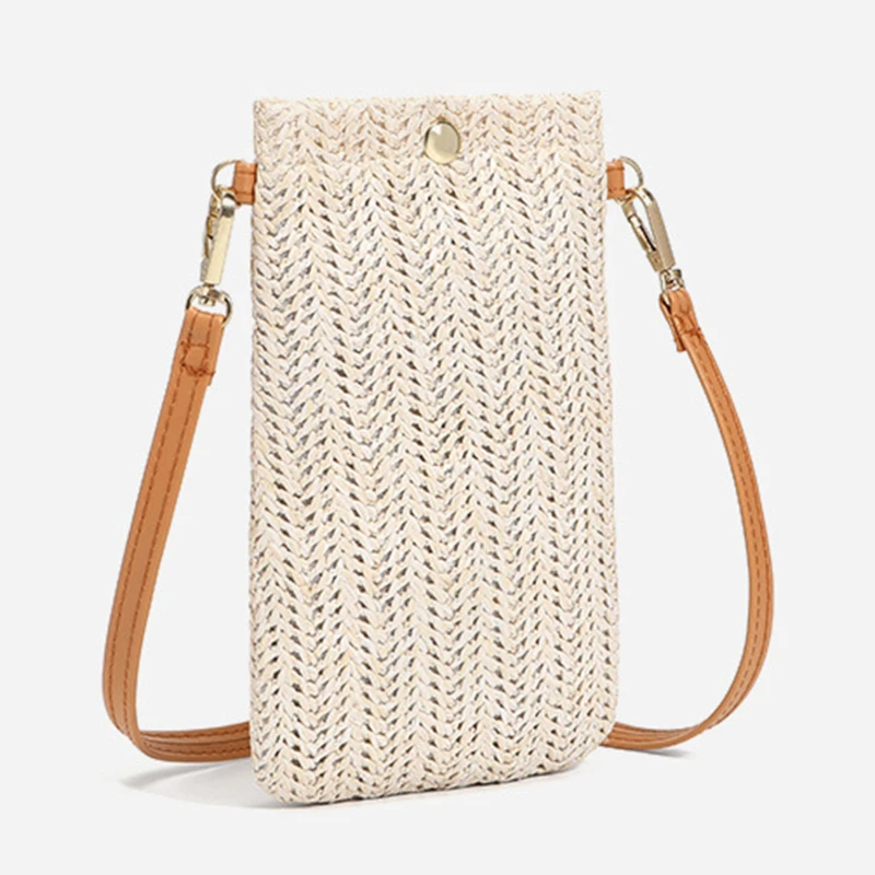 Cartera de paja Diagonal para mujer, bolso de mano tejido para teléfono móvil, monedero para mujer, Mini monedero de viaje para playa de verano, tarjetero