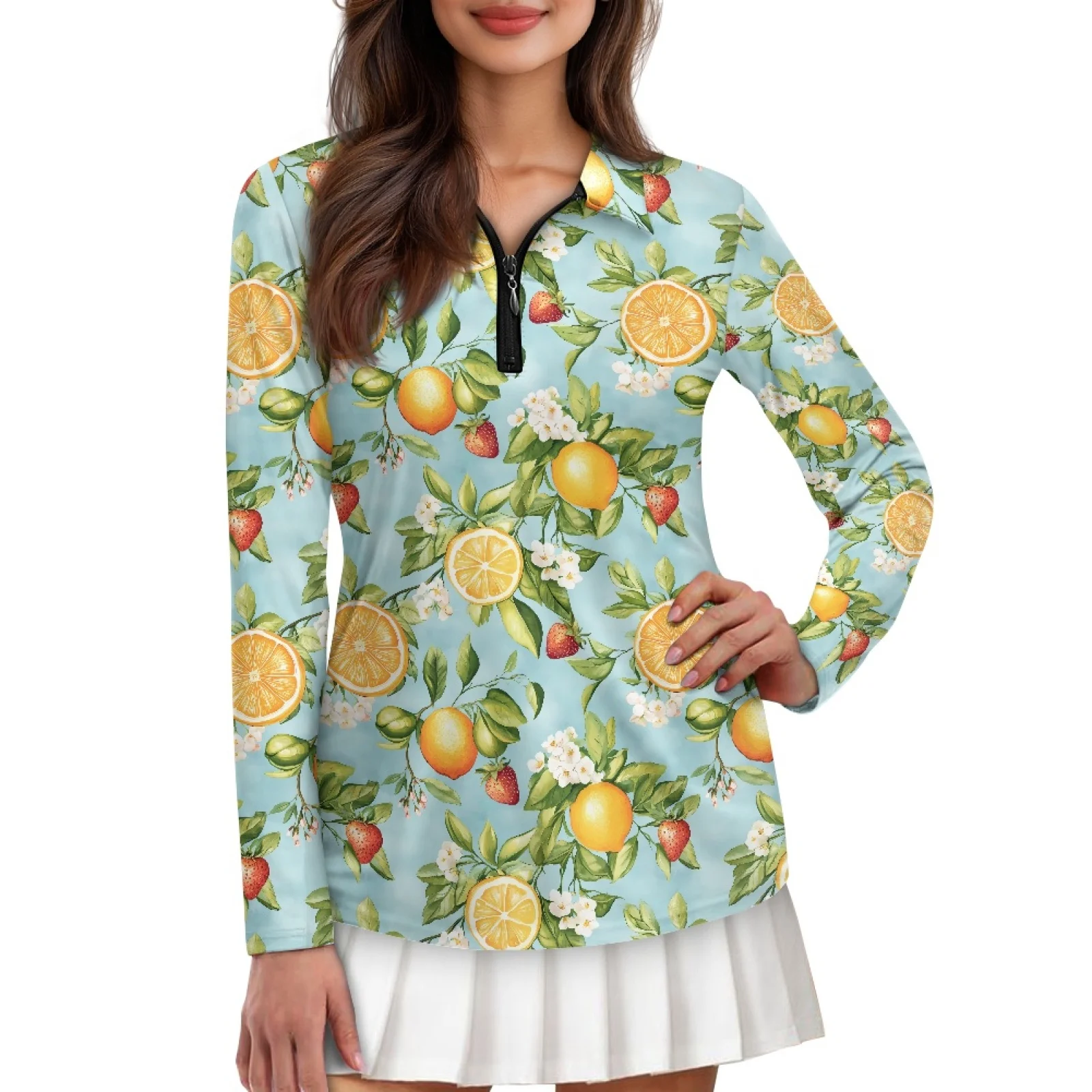 PENSTROLL Lemons Womens Quarter Zip Golf Shirts for Women Comfortable Pullover Polo Tops for Fitness