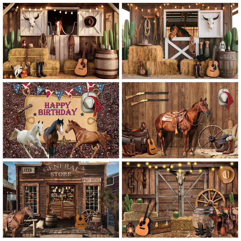 

Western Cowboy Photography Backdrop Horse Stable Rustic Farm Wood Door Barn Horse Haystack Kids Birthday Party Photo Background