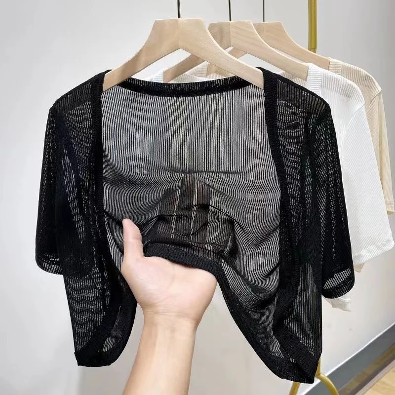

Summer Mesh Short Sleeve Shawl Transparent Outerwear Design Striped Air Conditioning Top Korean Style Button Detail V Neck ...