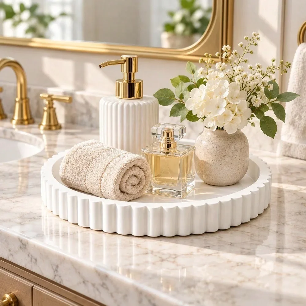 White Bathroom Vanity Tray Scalloped Round Organizer for Sink Counter Soap Hand Lotion Toothbrush Cup Perfume Skincare Display Small Space Bathroom Storage Decor