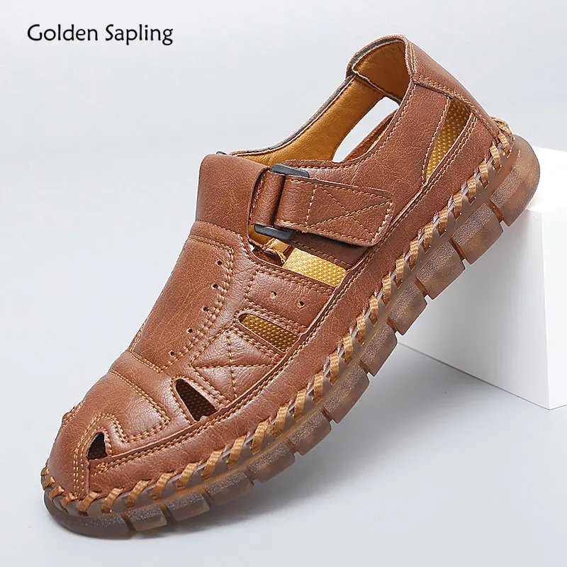 Golden Sapling Men\'s Sandals Retro Leather Beach Shoes Platform Flats Leisure Party Footwear Comfortable Summer Sandals for Men