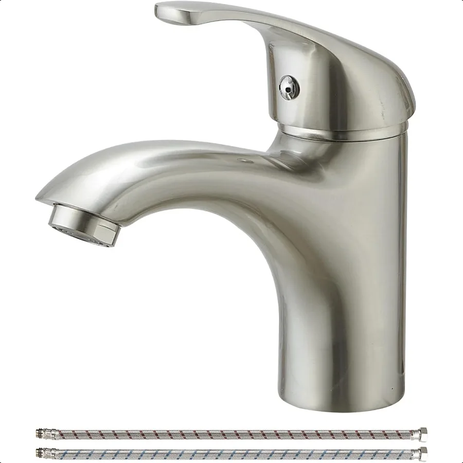 

Bathroom Faucet Brushed Nickel Single Handle with Edged Spout One Hole Deck Mount Lavatory Sink Vanity Basin Commercial