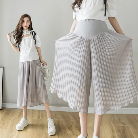 Korean Style Maternity Summer Long Loose Pleated Pantskirt Solid Color Wide Lets Pregnant Woman Culottes Pregnancy Chiffon Pants