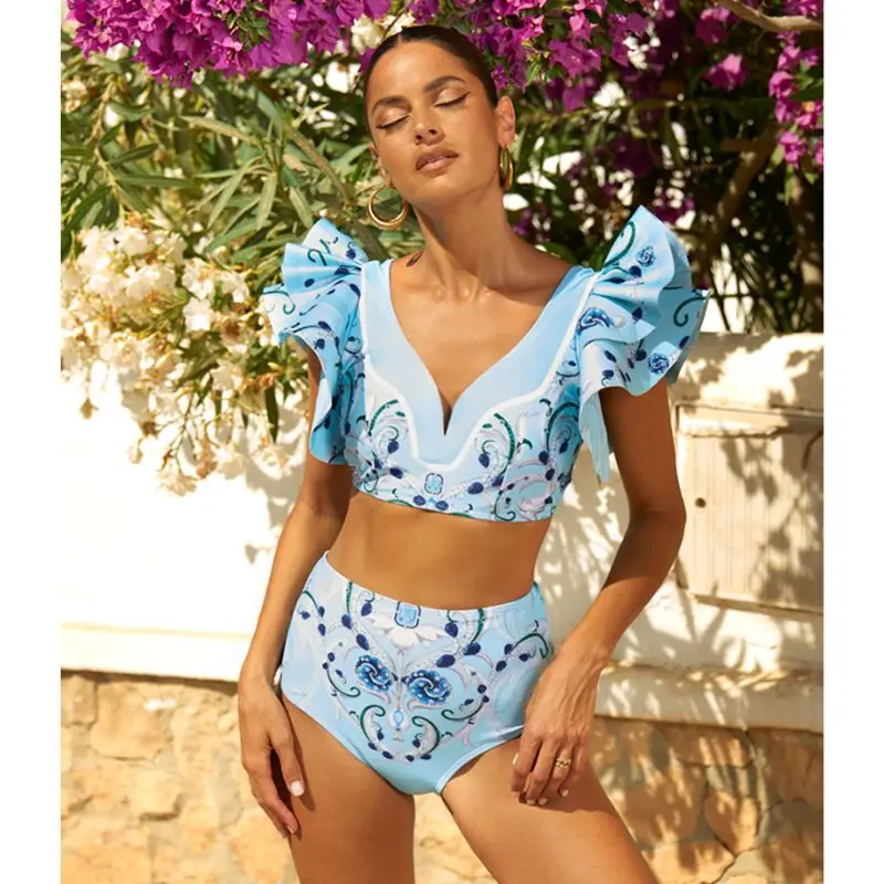 Flaxmaker Blue Jewelry Pattern Print Swimsuit and Sarong Flaxmaker Clearance Wholesale Bathing Suit two-pieces