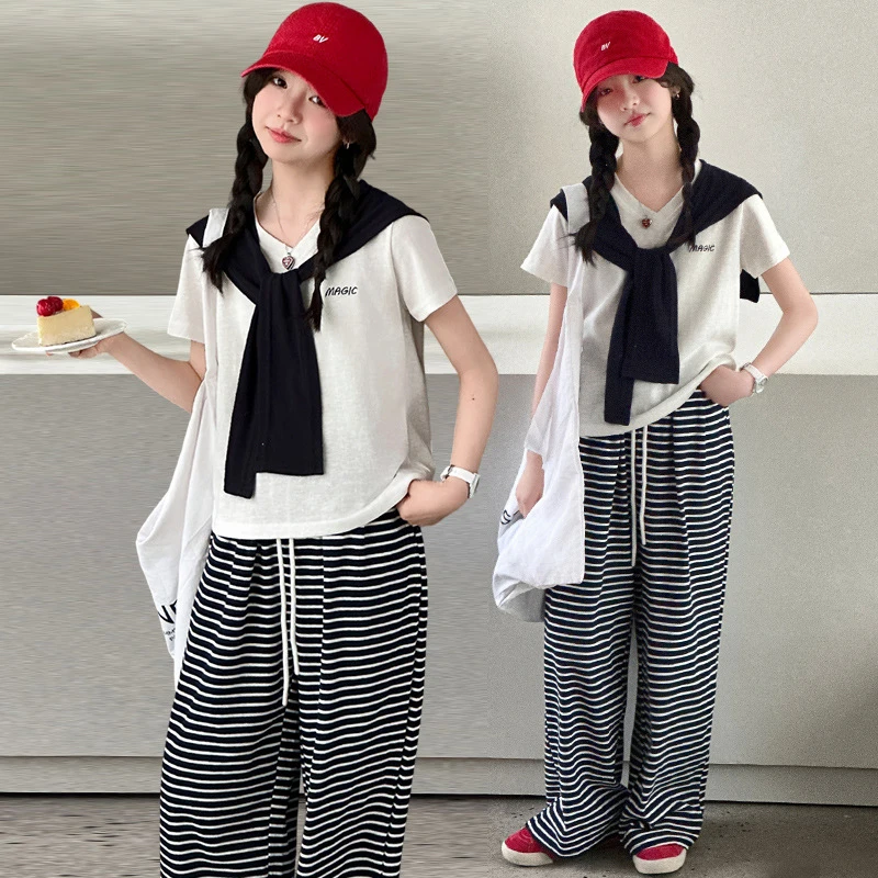 

Girls' Summer Outfit Set2026New Summer Children's Shawl Short SleeveTPure cotton thin striped wide-leg pants